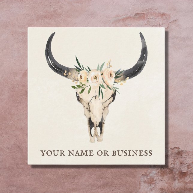 Boho Floral Cow Skull on Natural Cream Background Square Business Card (Creator Uploaded)