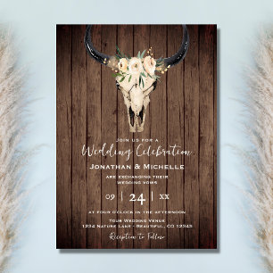 Boho Floral Cow Skull on Rustic Wood Wedding Invitation