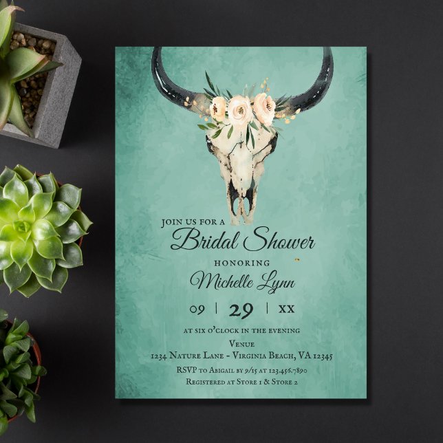 Boho Floral Cow Skull on Turquoise Bridal Shower Invitation (Creator Uploaded)