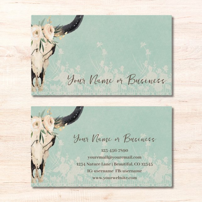 Boho Floral Cow Skull on Turquoise Business Card (Creator Uploaded)