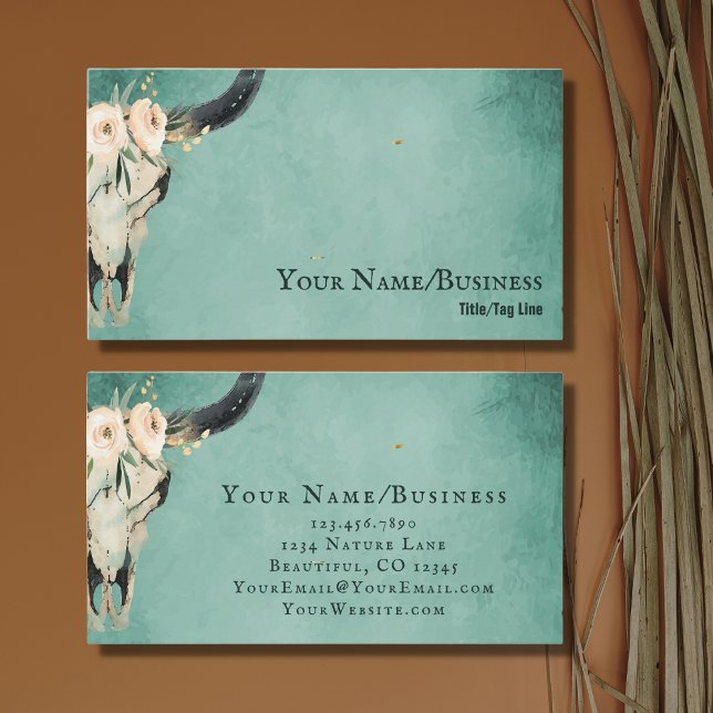 Boho Floral Cow Skull on Turquoise Business Card (Creator Uploaded)