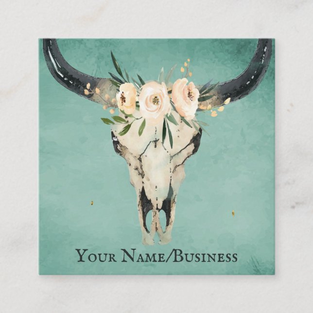 Boho Floral Cow Skull on Turquoise Square Business Card (Front)