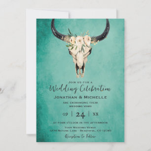 Boho Floral Cow Skull on Turquoise Wedding Invitation