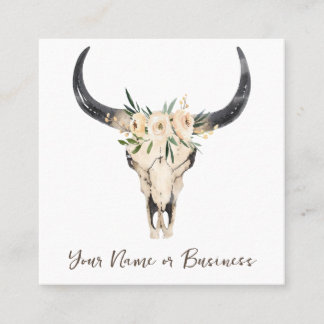 Boho Floral Cow Skull on White Square Business Card