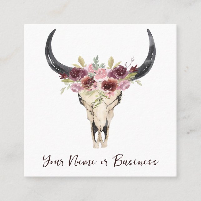 Boho Floral Cow Skull on White Square Business Card (Front)