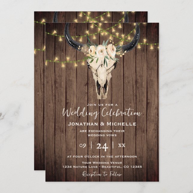 Boho Floral Cow Skull on Wood All in One Wedding Invitation (Front/Back)