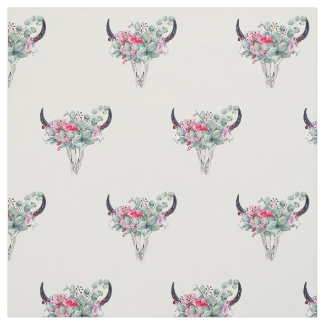 Boho Floral Cow Skull Pattern Fabric (Swatch)