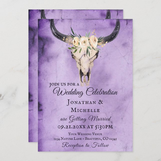 Boho Floral Cow Skull Purple All In One Wedding Invitation (Front/Back)