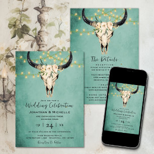 Boho Floral Cow Skull Turquoise All in One Wedding Invitation