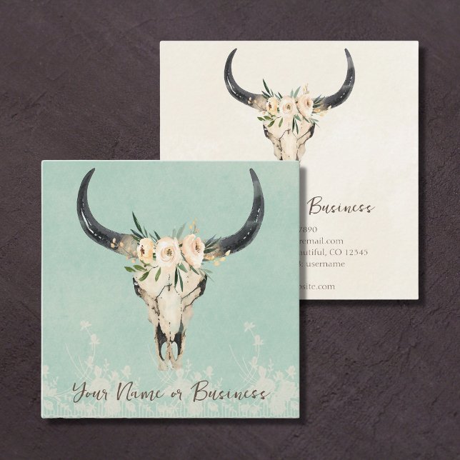 Boho Floral Cow Skull Turquoise and Cream Square Business Card (Creator Uploaded)