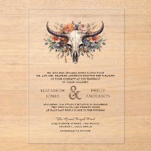 Boho Floral Cow Skull Western Wedding Acrylic Invitations