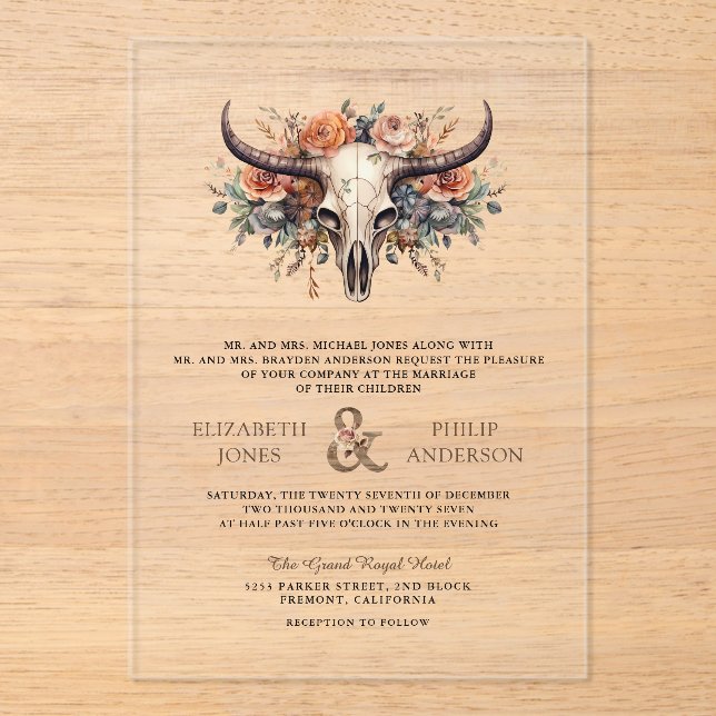 Boho Floral Cow Skull Western Wedding Acrylic Invitations (Front)