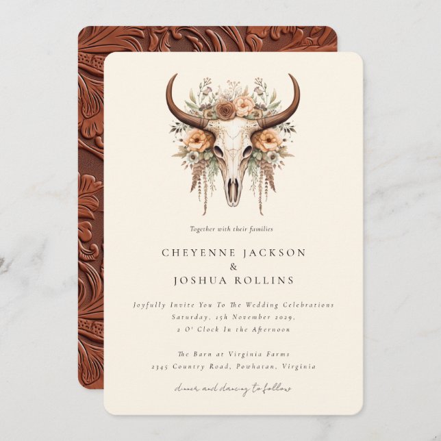 Boho Floral Cow Skull Western Wedding  Invitation (Front/Back)