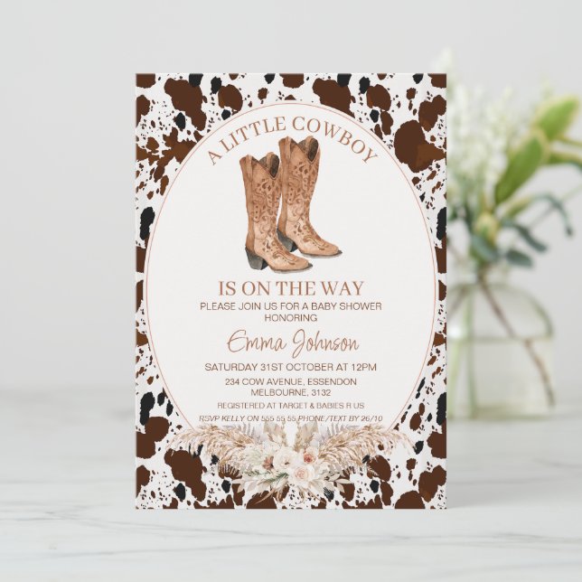 Boho Floral Cowhide Cowboy Boots Baby Shower Invitation (Standing Front)