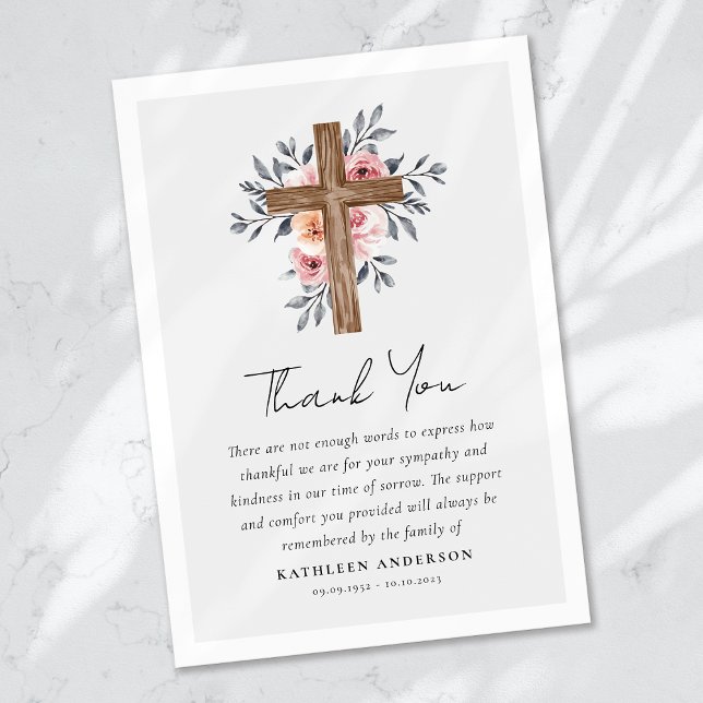 Boho Floral Cross Sympathy Funeral Thank You Card (Creator Uploaded)