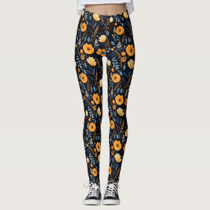 Boho Floral Cute Black Orange Blue Leggings
