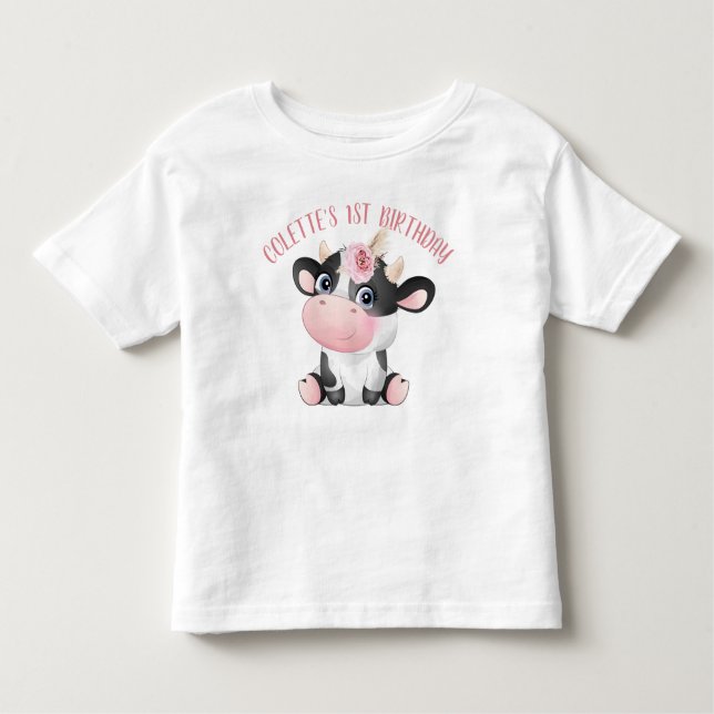 Boho Floral Cute Cow First Birthday Baby T-Shirt (Front)