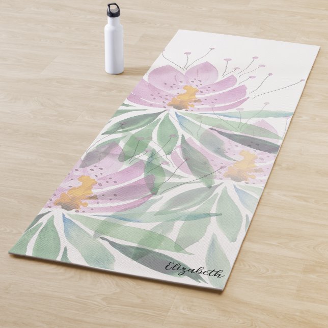Boho Floral Cute Pink Green Personalised  Yoga Mat (In Situ)