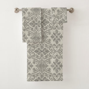 Boho Floral Damask Line Art, Black on Beige Bath Towel Set