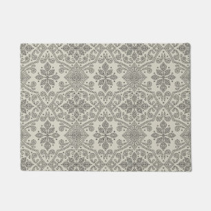 Boho Floral Damask Line Art, Black on Beige Doormat