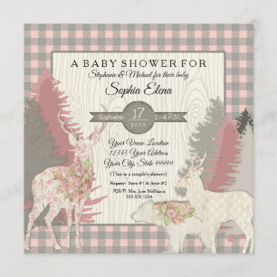 BOHO Floral Deer Bear Woodland Forest Plaid Girl Invitation
