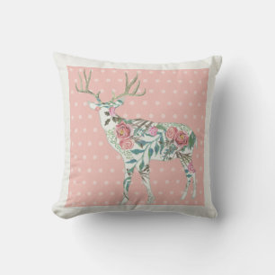 BOHO Floral Deer w Antlers Dot Pattern n Flowers Cushion