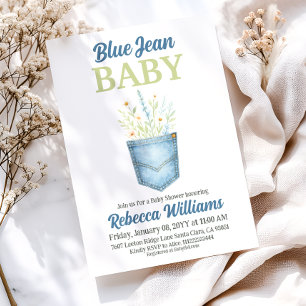 Boho Floral Denim Pocket Blue Jean Baby Shower Invitation