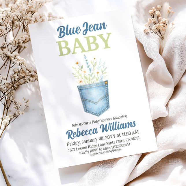 Boho Floral Denim Pocket Blue Jean Baby Shower Invitation (Creator Uploaded)