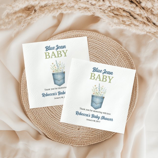 Boho Floral Denim Pocket Blue Jean Baby Shower Napkin (Creator Uploaded)