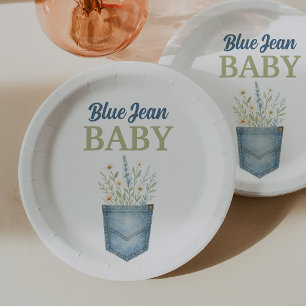 Boho Floral Denim Pocket Blue Jean Baby Shower Paper Plate