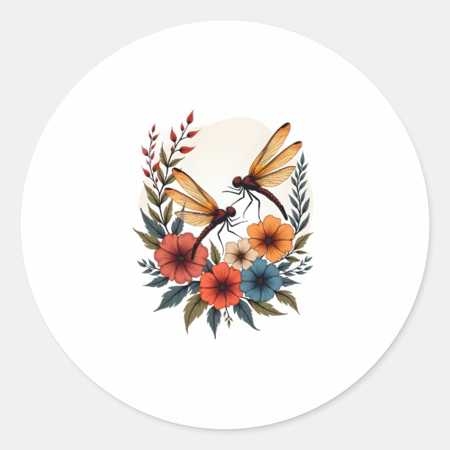 Boho Floral Dragonfly Classic Round Sticker (Front)