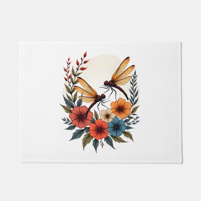 Boho Floral Dragonfly Doormat (Front)