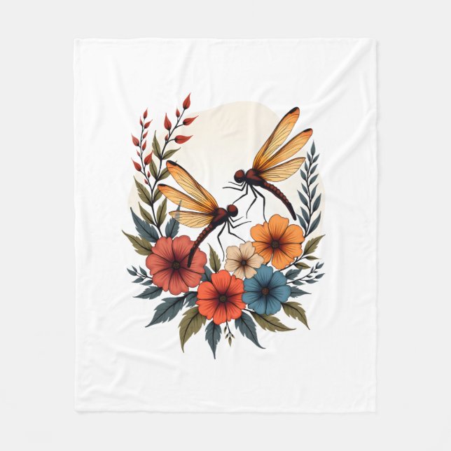 Boho Floral Dragonfly Fleece Blanket (Front)