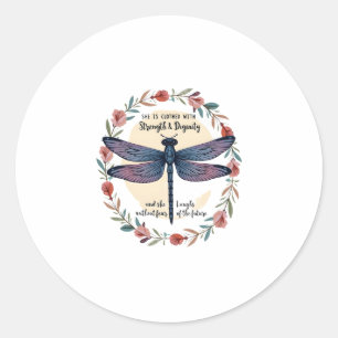 Boho Floral Dragonfly She Is Clothed With Strength Classic Round Sticker