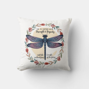 Boho Floral Dragonfly She Is Clothed With Strength Cushion