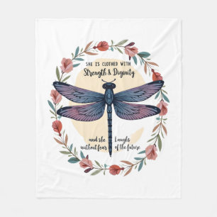 Boho Floral Dragonfly She Is Clothed With Strength Fleece Blanket