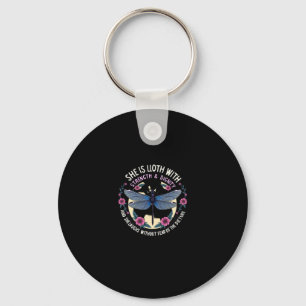 Boho Floral Dragonfly She Is Clothed With Strength Key Ring