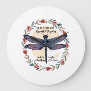 Boho Floral Dragonfly She Is Clothed With Strength Large Clock