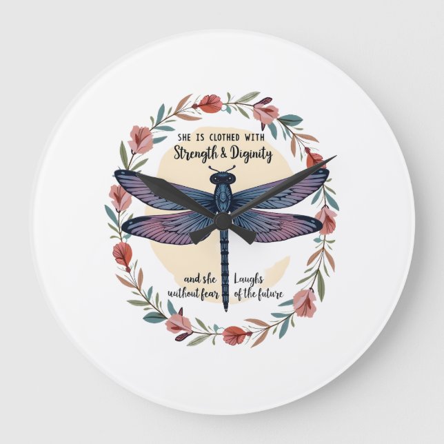 Boho Floral Dragonfly She Is Clothed With Strength Large Clock (Front)