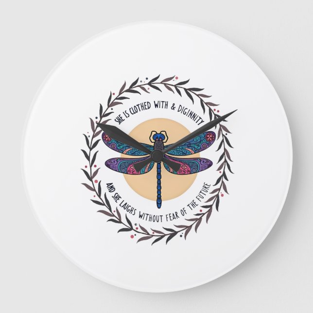 Boho Floral Dragonfly She Is Clothed With Strength Large Clock (Front)