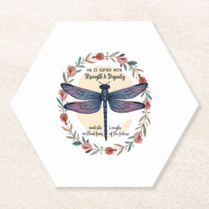 Boho Floral Dragonfly She Is Clothed With Strength Paper Coaster