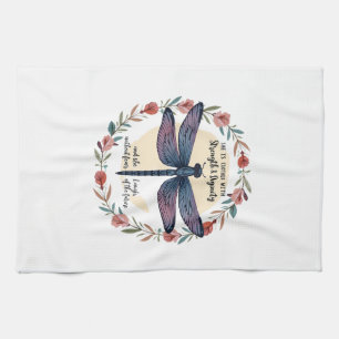 Boho Floral Dragonfly She Is Clothed With Strength Tea Towel