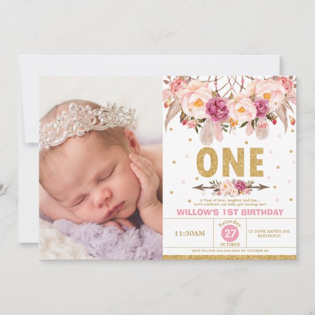 Boho Floral Dream Catcher 1st Birthday Girl Photo Invitation (Front)