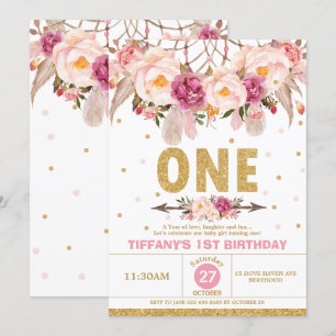 Boho Floral Dream Catcher 1st Birthday Tribal Girl Invitation
