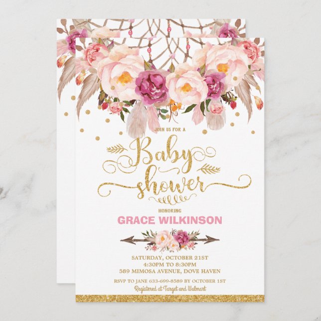 Boho Floral Dream Catcher Baby Shower Girl Invitation (Front/Back)