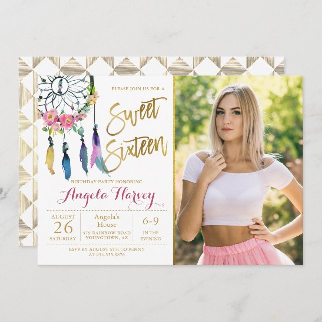 Boho Floral Dream Catcher Sweet 16 Birthday Photo Invitation (Front/Back)