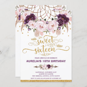 Boho Floral Dream Catcher Sweet 16th Birthday Invitation
