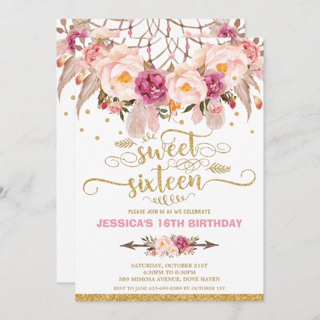 Boho Floral Dream Catcher Sweet 16th Birthday Invitation (Front/Back)
