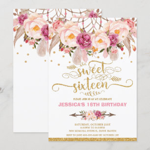 Boho Floral Dream Catcher Sweet 16th Birthday Invitation