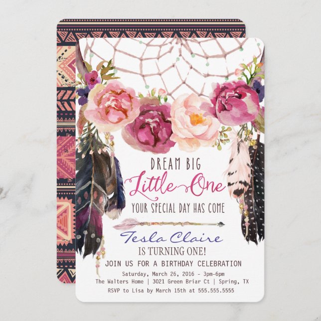 Boho Floral Dreamcatcher 1st Birthday Invitation (Front/Back)